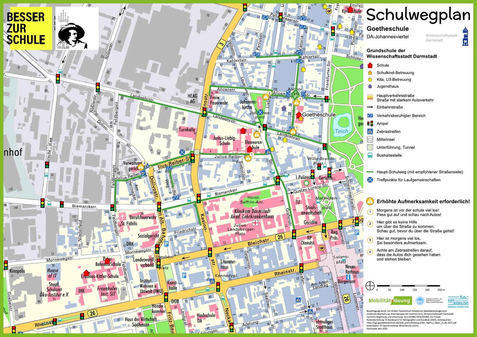 Karte des Schulwegplans der Goetheschule Darmstadt mit empfohlenen Hauptwegen, Ampeln und Zebrastreifen